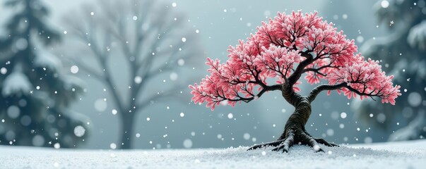 Snowflakes gently fall on a serene bonsai beech tree, white, tree