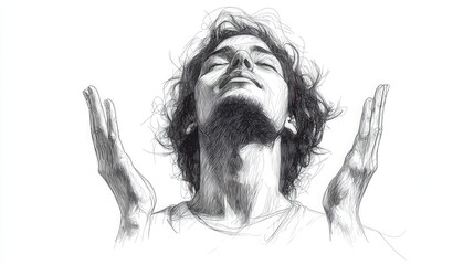 Sketch of person, eyes closed, hands raised.