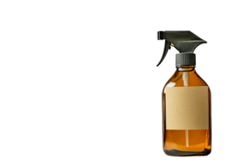 Brown glass spray bottle for cleaning solutions in home environment isolated on transparent background