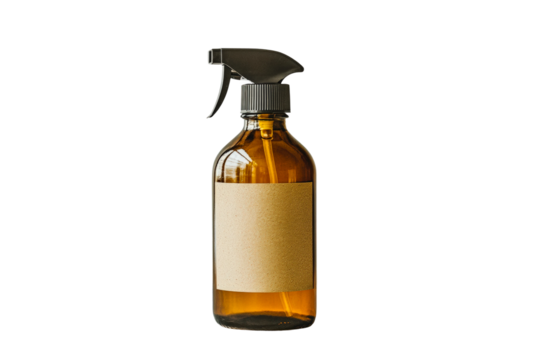Brown glass spray bottle for homemade cleaning solutions or personal care products isolated on transparent background