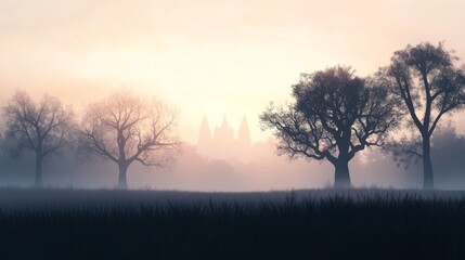 Obraz premium Misty sunrise landscape with bare trees and distant buildings.