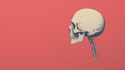 Profile view of a human skull and cervical spine against a red background.