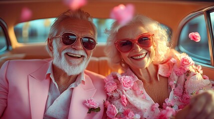 Happy senior couple in classic car, petals falling, city background, romantic travel