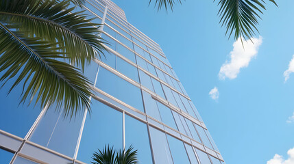 Modern glass skyscraper, tropical leaves, sunny sky, architectural design, real estate