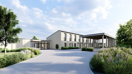 Modern hotel architectural rendering, driveway entrance, landscaping, sunny day, brochure design