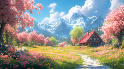 Alpine Cottage Nestled in a Blooming Spring Meadow