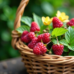 Sprig of raspberries in a garden basket with other flowers, greenery, basket