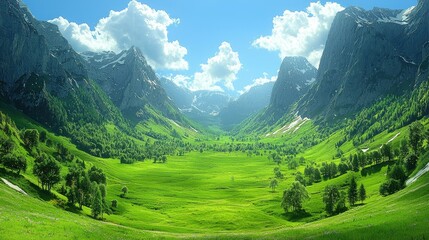Fototapeta premium Serene Green Valley Nestled Between Majestic Mountains
