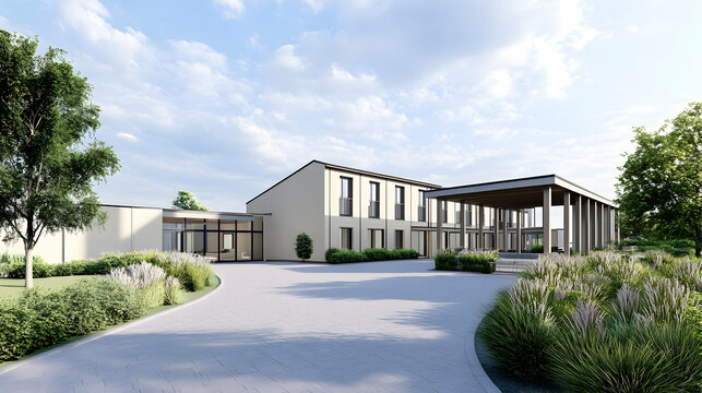 Modern hotel architectural rendering, driveway entrance, landscaping, sunny day, brochure design