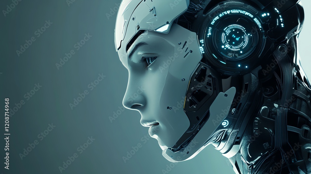 Poster advanced humanoid robot with intricate design showcasing technology and future capabilities
