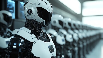 Fototapeta premium Advanced Humanoid Robots Lined up in a Futuristic Facility Showcasing Technology and Design in a Modern Environment