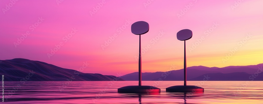 Poster clean energy wind management concept. two abstract forms stand in a tranquil body of water under a v