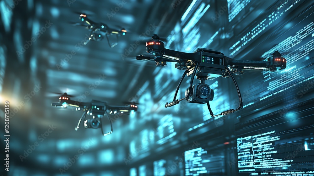 Poster drones operating in a futuristic digital environment with glowing data streams and high-tech interfa