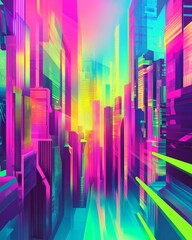 Obraz premium A vibrant gradient background with neon city colors.featuring bright pinks, blues, and greens.conveying energy and excitement.ideal for tech and urban-themed content