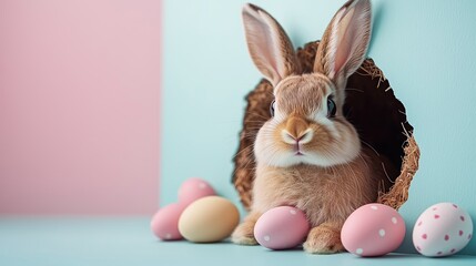 Cute adorable bunny peeking through a hole surrounded by pastel Easter eggs, perfect for festive and springtime celebrations...