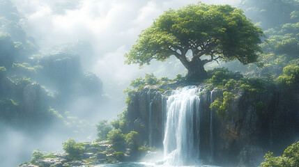 Majestic Treetop Waterfall In Misty Mountain Valley