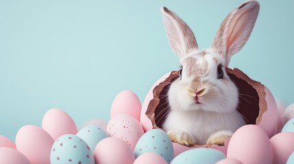 Fototapeta premium Easter bunny peeking out from a chocolate egg shell surrounded by pastel-colored eggs in a festive Easter setting.