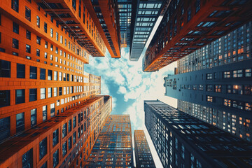 View of a bustling cityscape from ground level featuring buildings streets pedestrians and urban elements under a clear blue sky during daylight hours