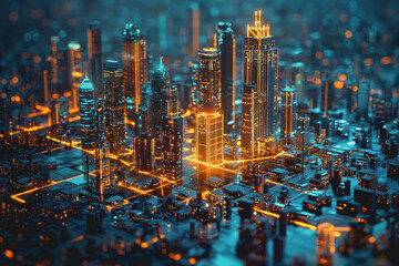 City skyline at night illuminated by glowing lights with buildings and urban landscape against a dark sky creating a vibrant city atmosphere