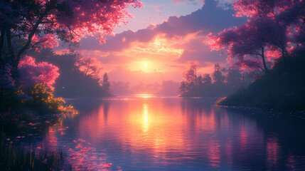 Serene Sunset Over Calm Lake With Pink Trees