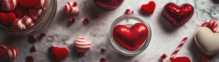 Colorful heart-shaped candies and decorations for celebration.