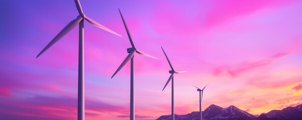 Fototapeta premium clean energy wind management Concept. Wind turbines against a vibrant sunset sky with mountains in the background.