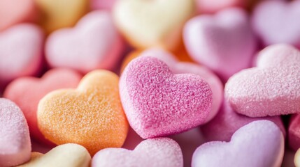 Fototapeta premium Colorful heart-shaped candies in various pastel shades.