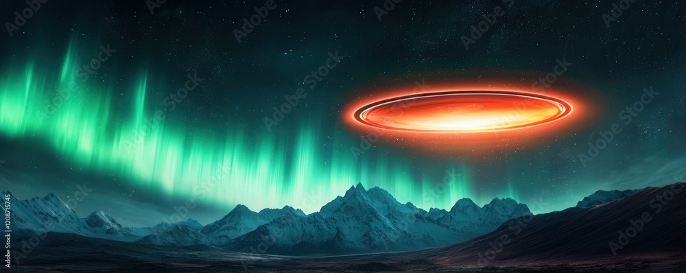 Poster clean energy wind management concept. a vibrant aurora illuminates a mountain landscape with a myste