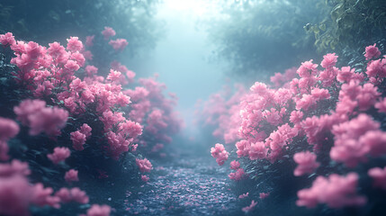 Pink Flowers Line Misty Forest Path