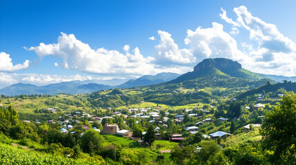 Obraz premium Mountain village panorama idyllic scenery, lush greenery, houses nestled in hills, sunny sky. Ideal for travel brochures