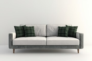 Naklejka premium Modern gray fabric sofa with two seat cushions. Green plaid pillows on both ends against a white studio background. Calm comfort and balanced style. For furniture ads and interior design mockups.
