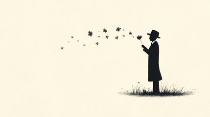 Silhouette of man blowing dandelion seeds.
