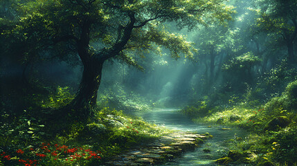 Sunlit Forest Path Beside A Tranquil Stream