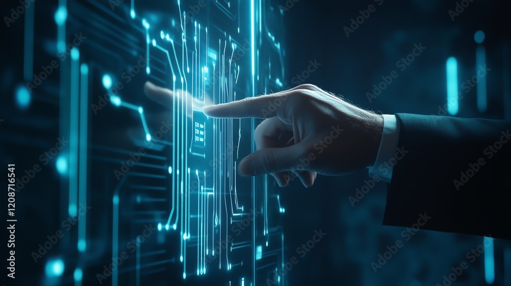 Poster hand interacting with a futuristic digital interface in a tech-driven environment