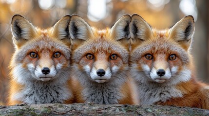 Fototapeta premium Three red foxes forest autumn portrait wildlife