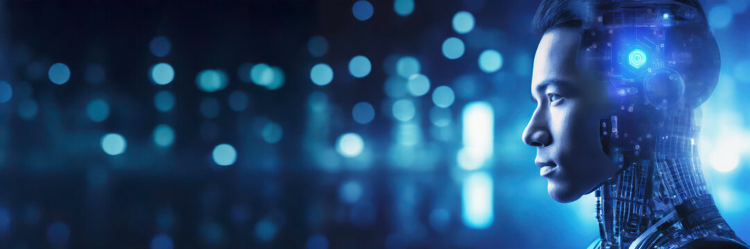 3d rendering humanoid robot with artificial intelligence in blue light bokeh background