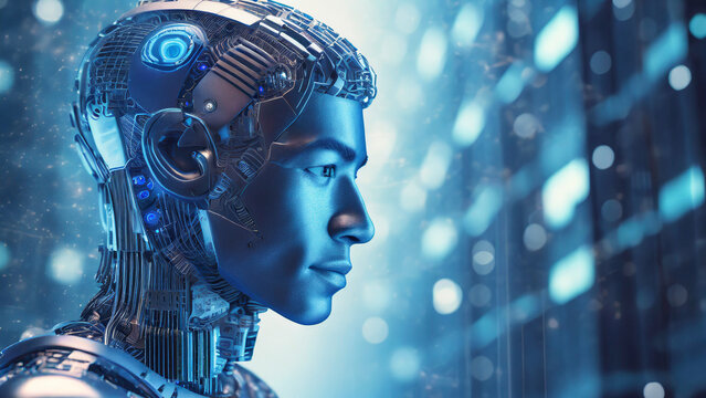 3d rendering humanoid robot with artificial intelligence in blue light bokeh background