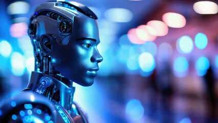 3d rendering humanoid robot with artificial intelligence in blue light bokeh background
