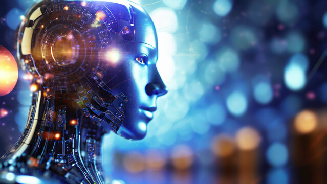 3d rendering humanoid robot with artificial intelligence in blue light bokeh background