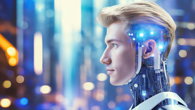 3d rendering humanoid robot with artificial intelligence in blue light bokeh background