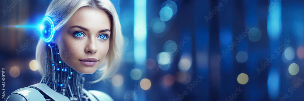 Wall mural 3d rendering humanoid robot with artificial intelligence in blue light bokeh background