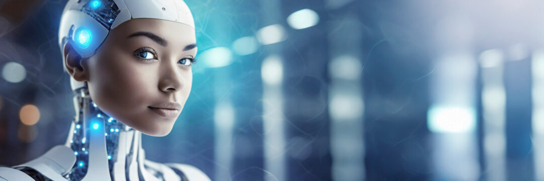 3d rendering humanoid robot with artificial intelligence in blue light bokeh background