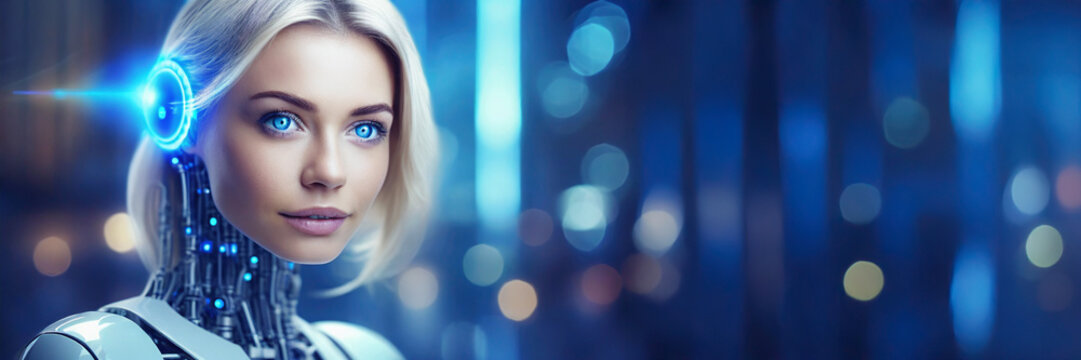 3d rendering humanoid robot with artificial intelligence in blue light bokeh background