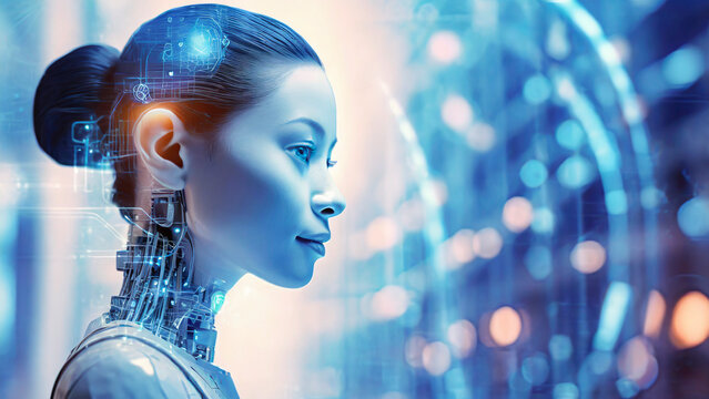 3d rendering humanoid robot with artificial intelligence in blue light bokeh background
