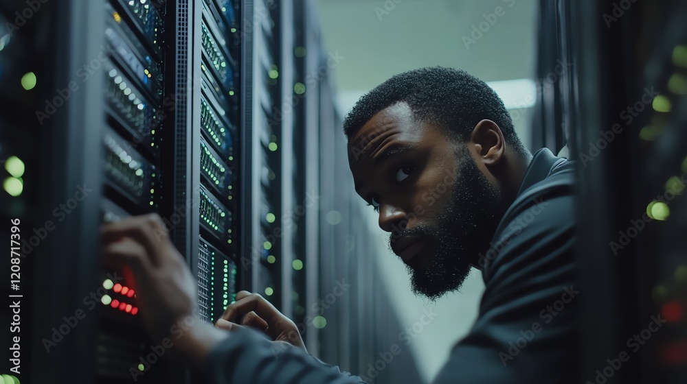 Poster technician maintains server racks in a data center during evening hours while monitoring system perf
