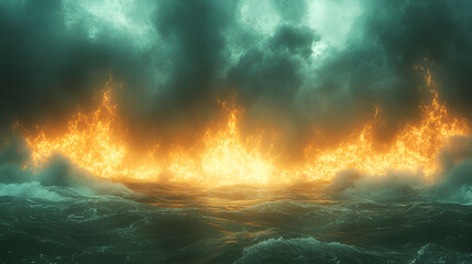 Fiery Wall of Flames Rises From a Stormy Sea