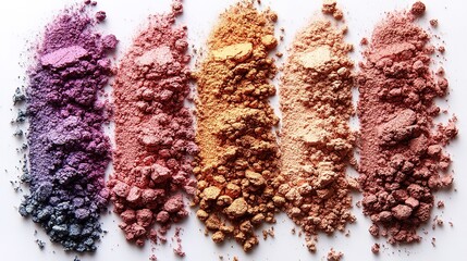 Five colored cosmetic powders are arranged in vertical lines on white background creating abstract design
