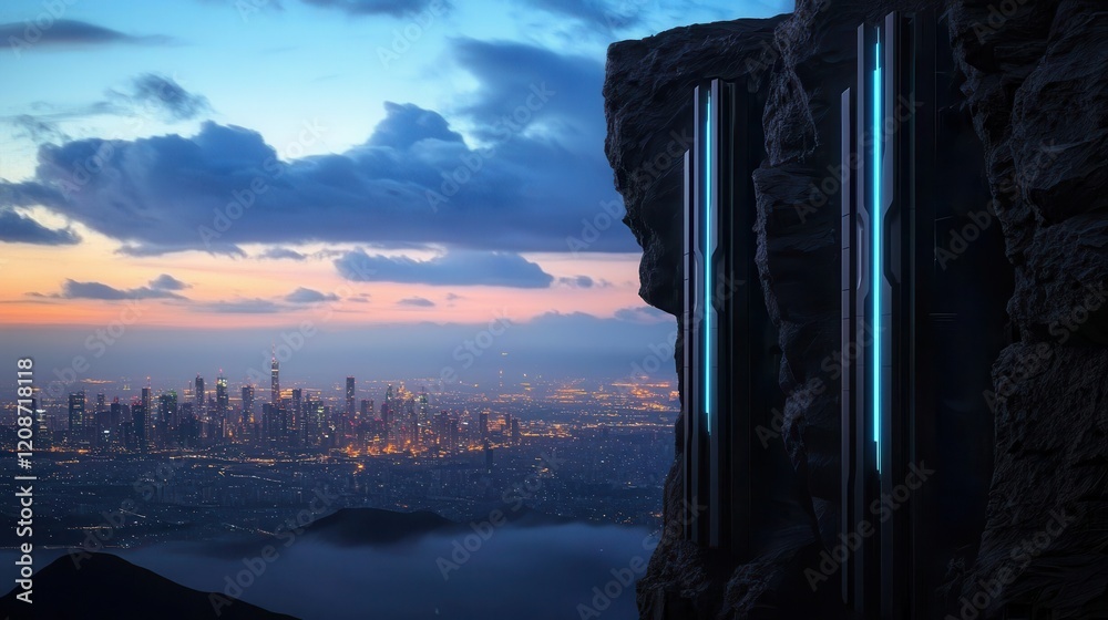 Poster clean energy wind management concept. urban skyline at dusk with illuminated rock formations and a d