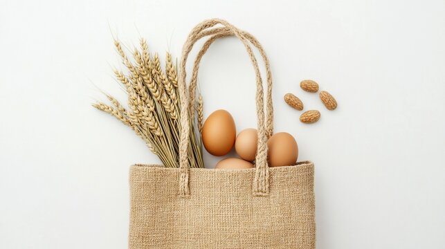Flat lay of jute bag with eggs, wheat, and almonds.