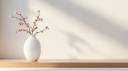Elegant Minimalist Still Life with White Vase and Blossom Branch Displayed on Wooden Shelf Against Soft Neutral Wall with Gentle Shadows